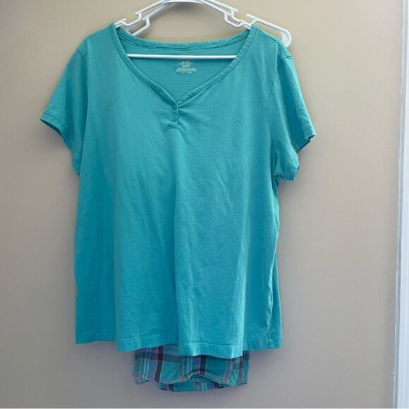 L.L. BEAN COTTON PAJAMA SET XL TOP & Lg PANTS PLAID AQUA BLUE - Picture 1 of 15